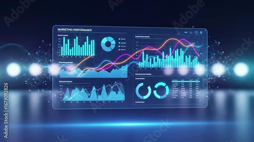 Futuristic digital dashboard displaying marketing performance metrics with vibrant background lights