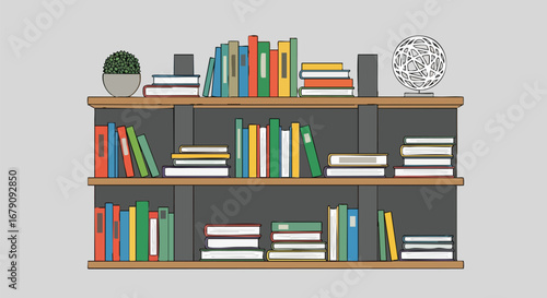 Stylized bookshelf illustration brimming with colorful books and decorative objects adds a touch of modern vintage charm to home or office spaces