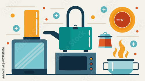 A kitchen scene with a clock on the wall and a microwave, toaster, and blender on the counter