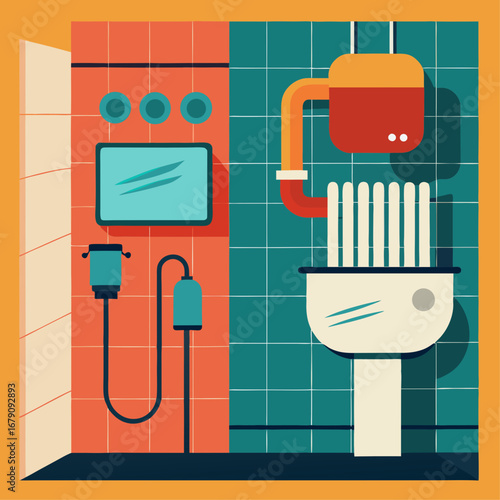 A bathroom with a sink and a shower. The shower is connected to a water heater