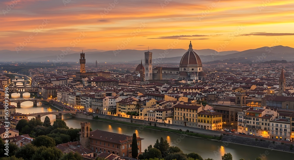Naklejka premium Stunning Sunset Over Florence Cathedral and Arno River.