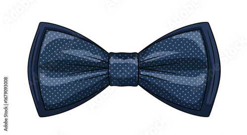 Detailed illustration of a distinguished blue bow tie adorned with delicate polka dots against a bright white backdrop