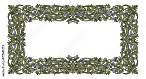 Botanical Frame with Delicate Floral Details in Serpentine Green and Soft Blue Hues, Elegant Vintage Design for Invitations and Creative Projects