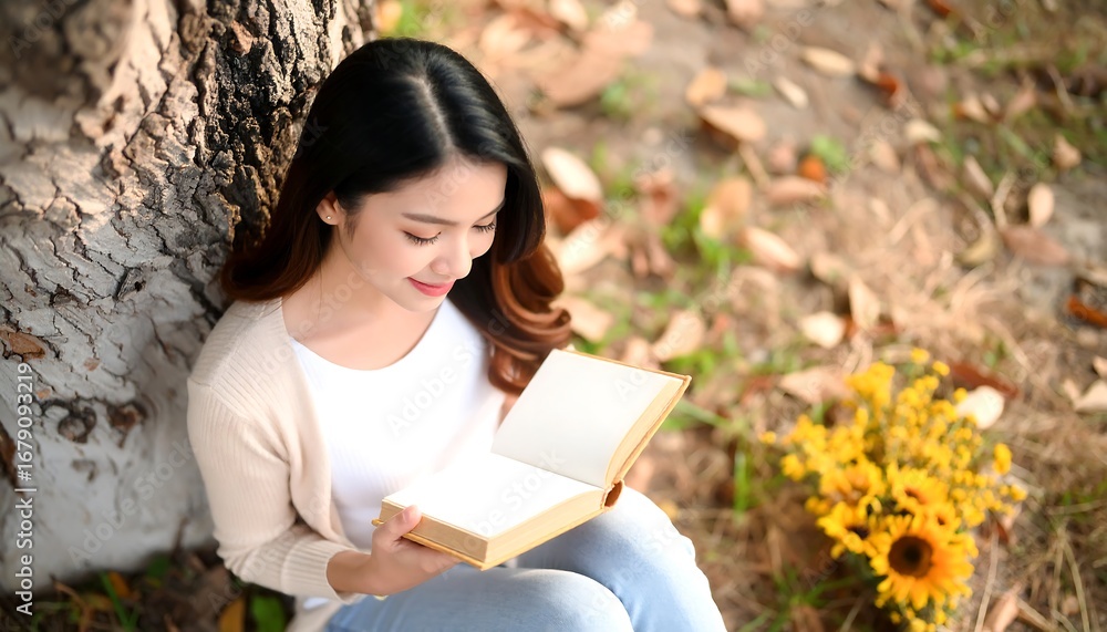 Obraz premium Woman reading book outdoors