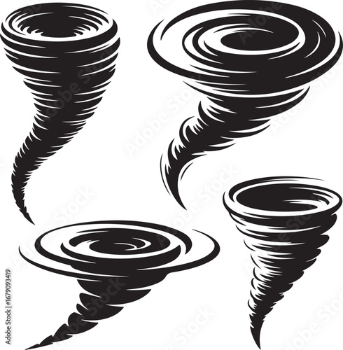 Tornado Silhouette Vector Icons  Swirling Funnel Clouds in Minimal Black Outline Style