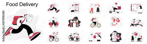 set of food delivery vector illustrations, concepts for online ordering, courier services and restaurant takeaway
