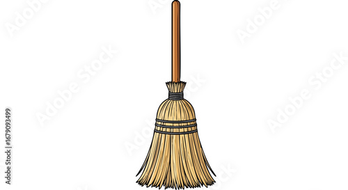 Isolated illustration of a cartoon straw broom with a brown wooden handle and twine bands, representing cleaning and housework