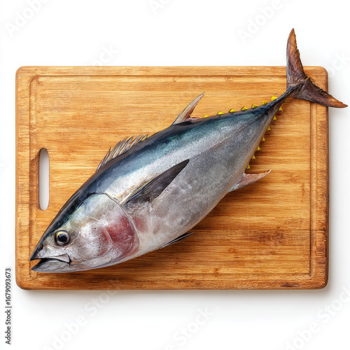 Fresh whole tuna fish on wooden cutting board ready for cooking