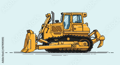 Detailed depiction of a bulldozer, meticulously crafted with clean lines, highlighting its industrial presence and robust design