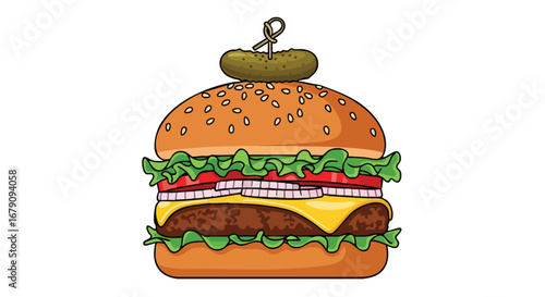 Cartoon style illustration of a towering hamburger with sesame seeds and pickle garnish ready to eat for food design or menu presentation