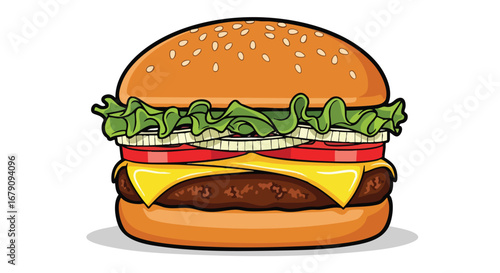 Vibrant burger illustration with fresh ingredients layers displayed in a digital artwork creation presenting fast food icon, appetizing image