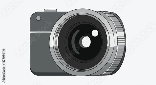 Stylized camera illustration highlighting lens details and modern design elements, perfect for visual communication on a white plain background