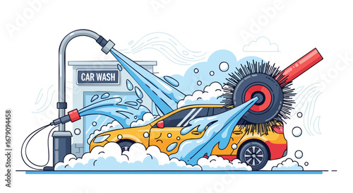 Automated car wash service with spinning brush and water jets for vehicle cleaning maintenance, perfect for illustrating car care or detailing