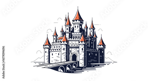 Illustration of a majestic medieval castle with towers and a bridge, set against a clean white backdrop enhancing its architectural beauty and