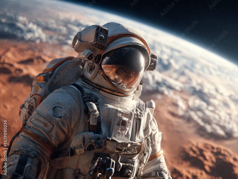Obraz premium An astronaut stands on the red planet, gazing upon the vastness of space and the blue planet, embodying the spirit of exploration and scientific discovery.