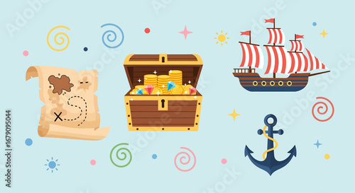 Whimsical nautical adventure with a treasure map leading to buried riches