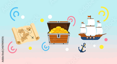 Adventure awaits in a treasure hunt concept with pirates, ships and hidden gold