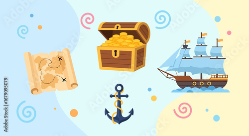 Whimsical nautical illustration featuring a treasure map, chest, ship and anchor