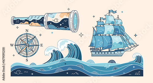 Vintage maritime illustration showcasing sailing, adventure, exploration and