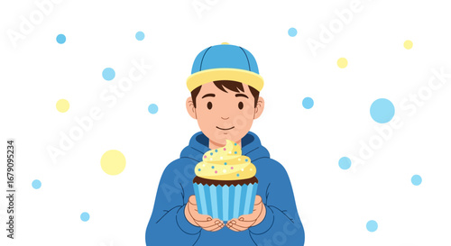 Young Man Adoringly Presenting Cupcake Dessert Decorated in Style For Birthday Celebrations