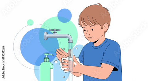 Young Boy Washing Hands Thoroughly with Soap Under Running Water for Hygiene