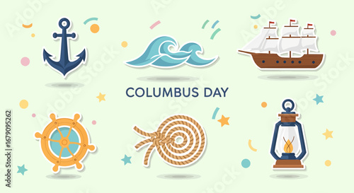 Columbus Day holiday themed vector elements for marine exploration celebration