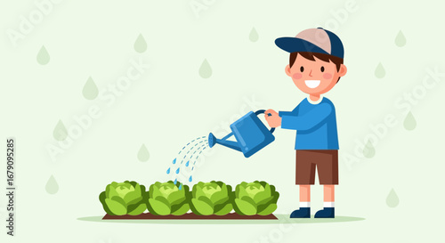 Young Boy Watering Garden Plants Under Rainfall Depicting Cultivation and Growth
