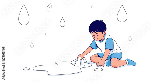 Young Boy Wiping Up Water: A Moment of Cleanliness and Care