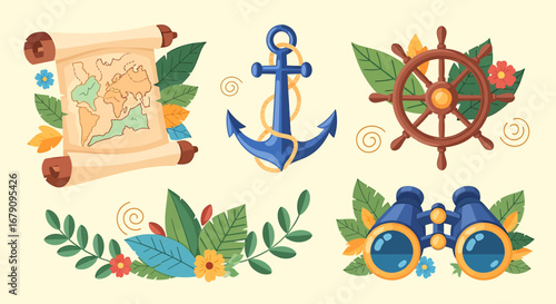 Nautical themed illustration with travel map, anchor, wheel, and binoculars
