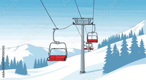 Illustrative ski resort landscape with chairlift ascending snowy mountain slopes and evergreen trees under a bright blue sky