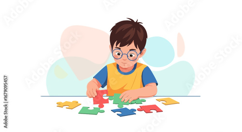 Young Boy With Glasses Puzzles Together Colorful Pieces, Solving Cognitive Challenges