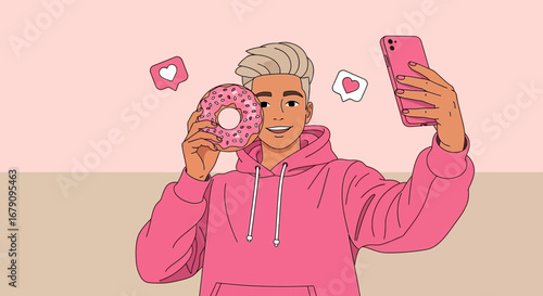 Young Man Captures Sweet Moments with a Donut and a Phone for Social Sharing