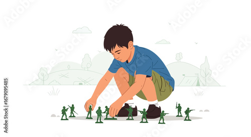 Young Boy With Green Toy Soldiers Contemplating And Setting Up A Play Battle Scene