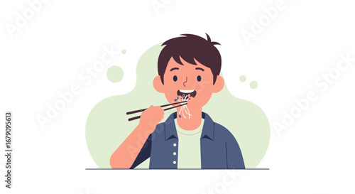 Young Man Delights In A Culinary Experience, Enjoying Delicious Oriental Noodles