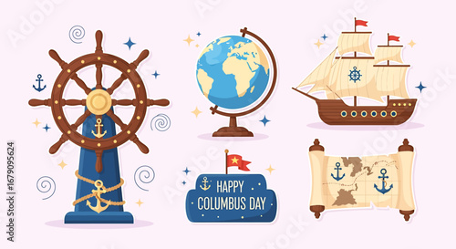 Columbus Day celebration elements with globe, ship and steering wheel design