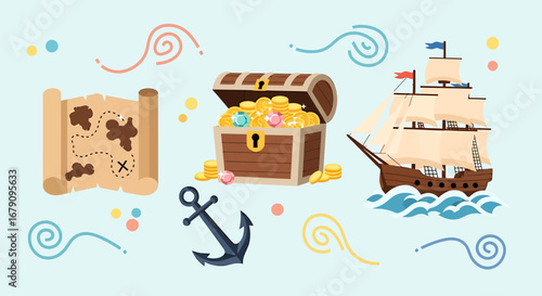 Enchanting treasure hunt scene with a whimsical pirate ship and wealth chest