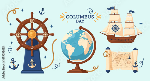 Columbus Day celebration with historical nautical elements on light backdrop