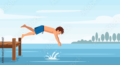 Young man dives from a wooden pier into the beautiful and relaxing ocean water