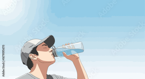 Young Man Drinking Water from a Bottle Outdoors Promoting Hydration in the Sun
