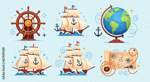 Vintage nautical elements illustrating sailing ships, globe, map and wheel