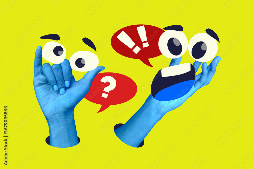 Fototapeta premium Banner artwork trend collage of human hand show shaka gesture bubble communication eyeball sticker chat information talk