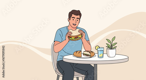 Young Man Enjoying Delicious Burger at Modern Restaurant Sitting Alone, Eating Lunch