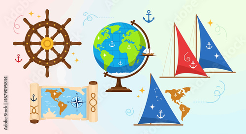 Nautical exploration theme featuring ship wheel, globe, map, and sailboats