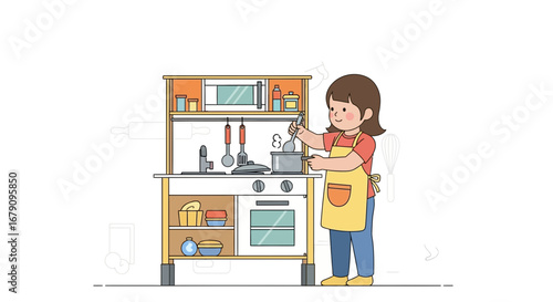 Young Chef Enjoying Cooking Process In A Play Kitchen, Preparing A Delicious Meal
