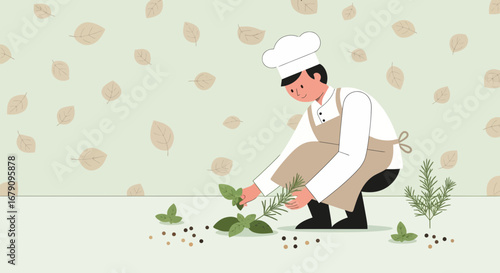 Young Chef Harvesting Herbs for Cooking Meal Preparation in a Restaurant Kitchen