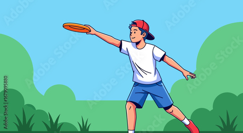Young Man Enjoying Leisure Time by Throwing a Frisbee on a Sunny Day