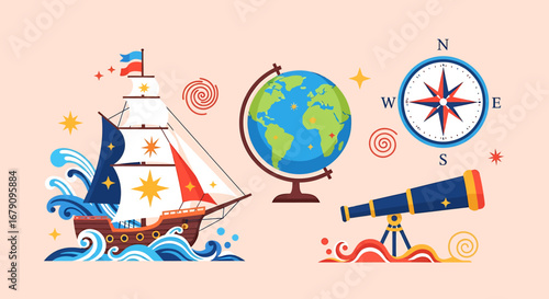 Vintage exploration themed illustration with ship globe compass and telescope