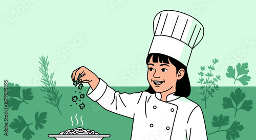 Young Chef Giddy And Adding Fresh Culinary Herbs To A Plate Of Pasta Dish