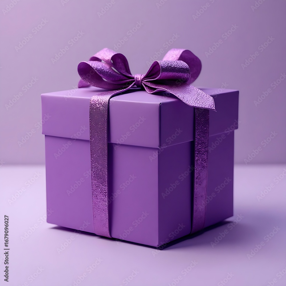 Obraz premium Elegant Purple Gift Box with a Metallic Textured Bow on a Monochromatic Background