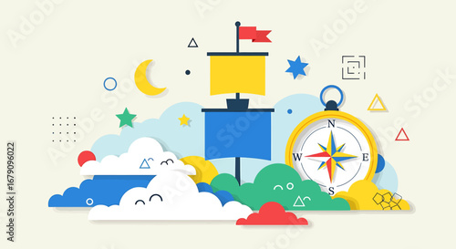 Whimsical voyage illustration with ship mast and navigational compass details